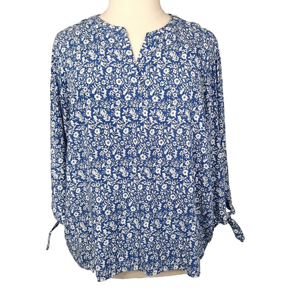 Cynthia Rowley Tops - Cynthia Rowley Top Womens 2X Blue White Floral‎ Popover Peasant Coastal Cottage